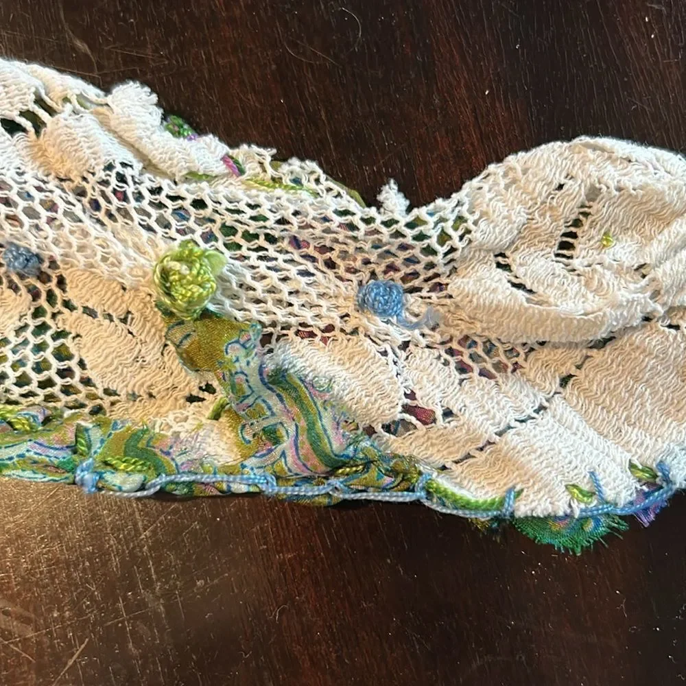 Hand Crafted head scarf hat band antique silk lace embroidered Multi floral